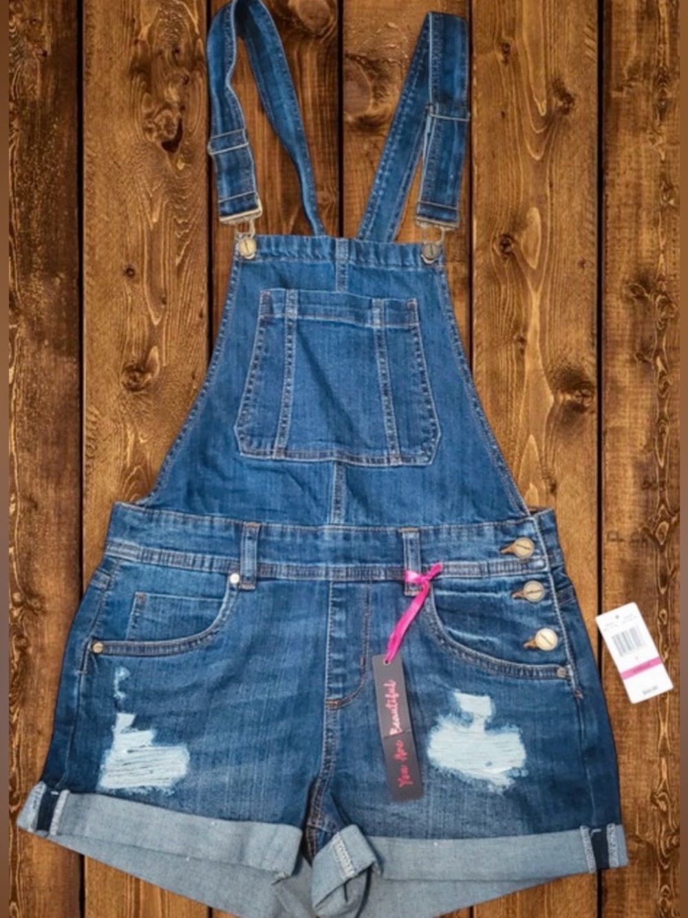 Dollhouse distressed denim overall shorts, dark wash, rolled cuffs, size 7 NWT
